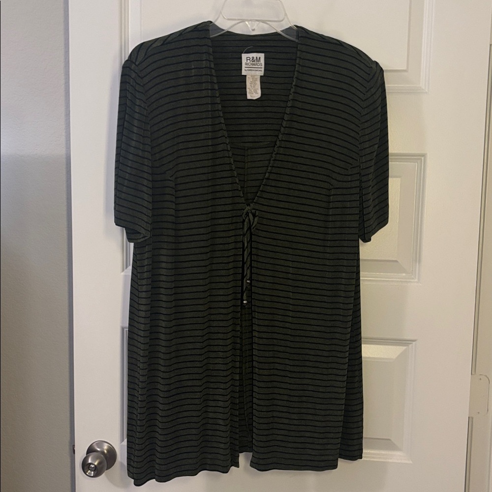 VTG R&M Richard Black & Olive Green Striped slinky  Cardigan SZ 16 shoulder pads